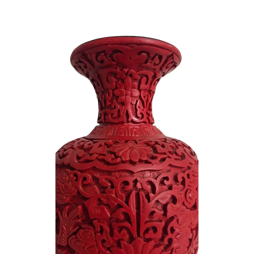Vintage Chinese Cinnabar Red Carved Resin Vase Dragon Phoenix Oriental Decor